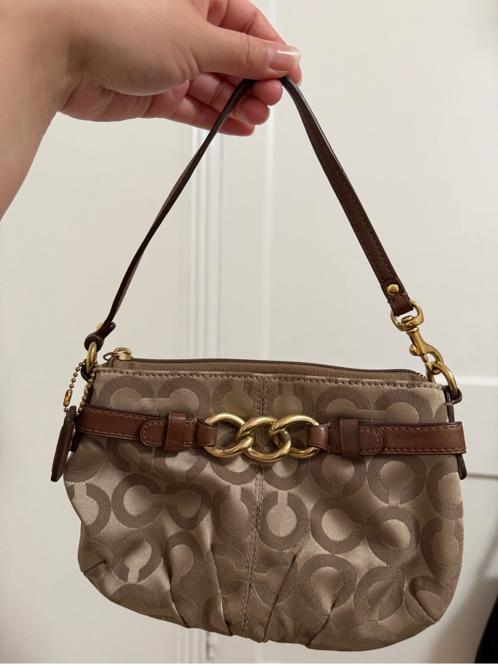 Coach Signature C’s Gold Chain Brown Wristlet Clutch